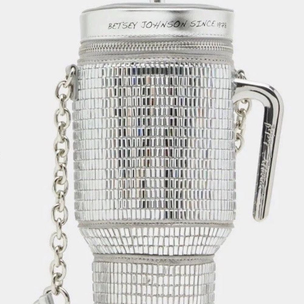 Betsey Johnson Kitsch Hydration Honey Silver Tumbler Crossbody Bag Purse New